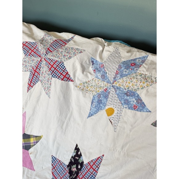 Vintage Hand-Stitched Lemoyne Star Summer Quilt Coverlet 8 Point  73" X 67" - Picture 12 of 16